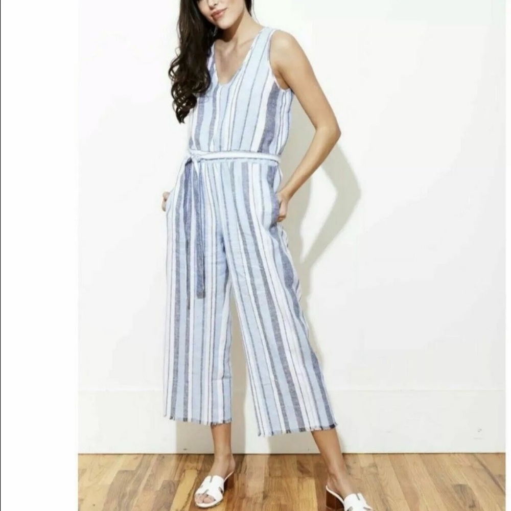 Cloth & Stone Anthropologie Striped Sleeveless V-Neck Jumpsuit in Blue and White